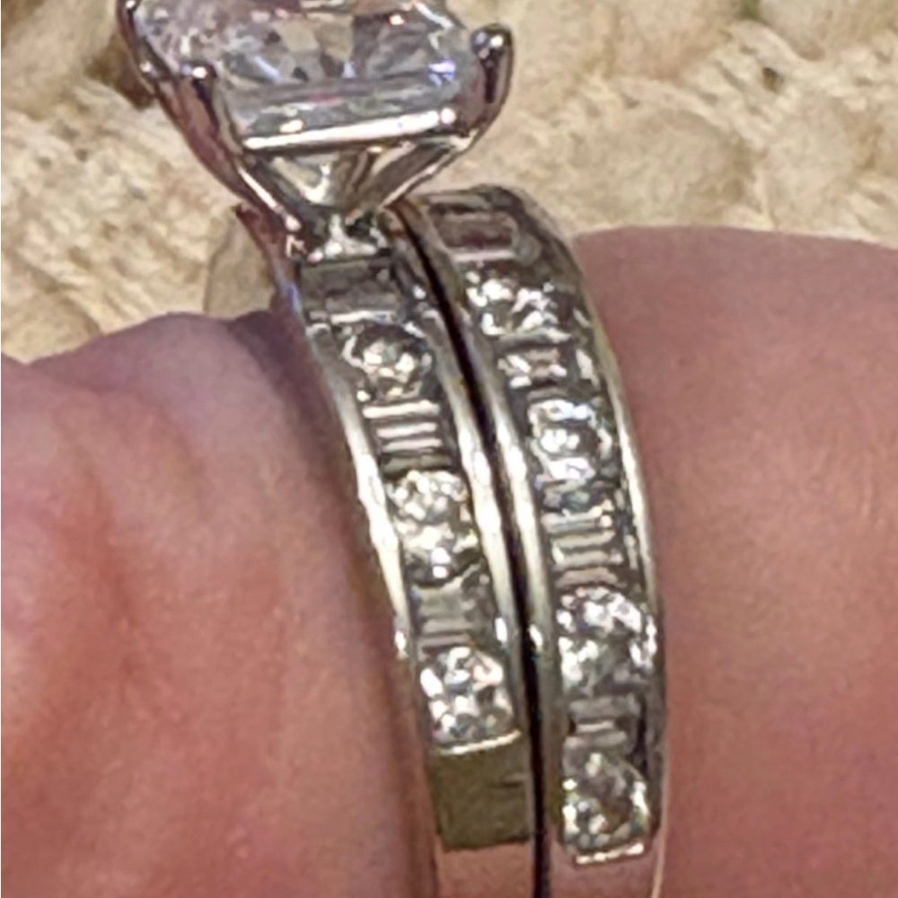14K White Gold Diamonique Engagement Ring/Wedding Band - Picture 2 of 12